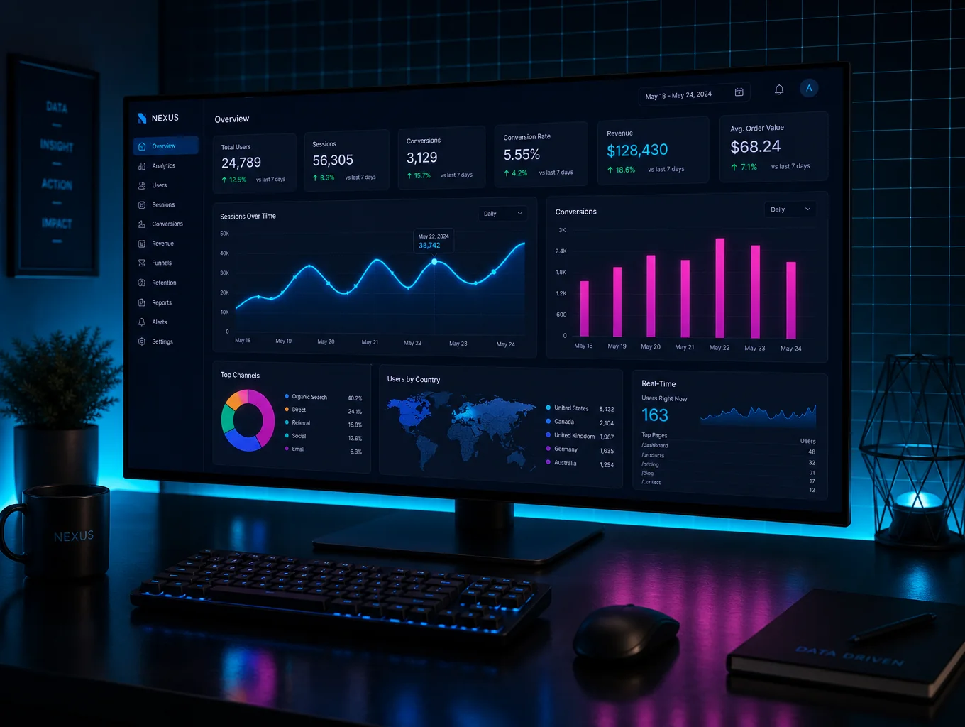 Performance metrics dashboard on a monitor